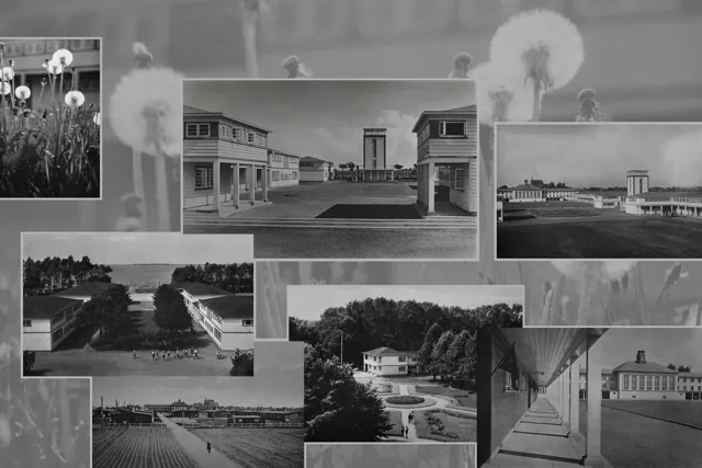 Collage: Gebäude, Wege und Garten
