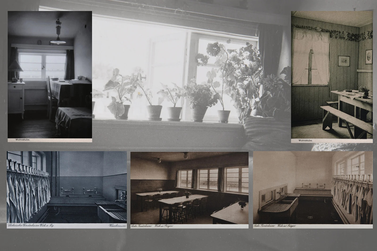 Collage: Fenster, Waschräume und Innenräume